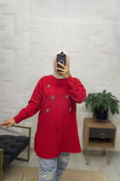 Gofre Ayrobin Tesettür Gömlek Kırmızı