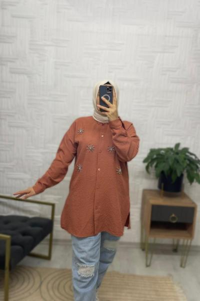 Gofre Ayrobin Tesettür Gömlek Sütlü Kahve