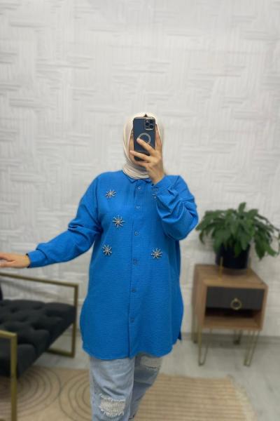 Gofre Ayrobin Tesettür Gömlek Mavi