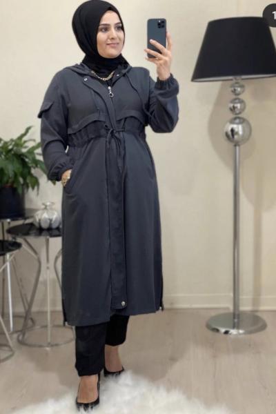 Gri Tesettür Trenç Açık Gri