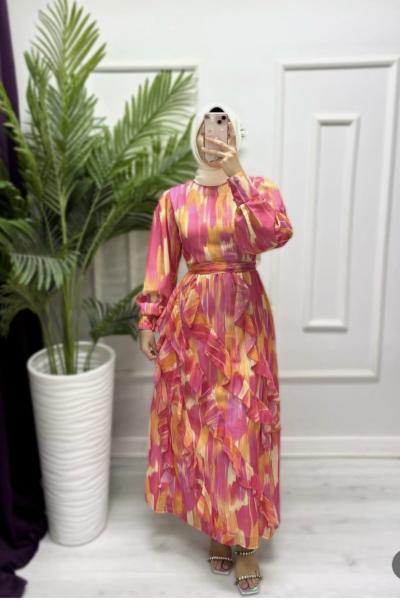 Hareketli Şifon Elbise Ekru Pembe