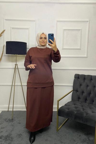 Hülya Tesettür Etekli Takım Kahverengi