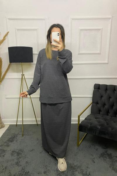Hülya Tesettür Etekli Takım Gri