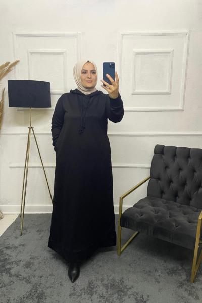 İki İplik Tesettür Eşofman Kumaş Elbise  Siyah