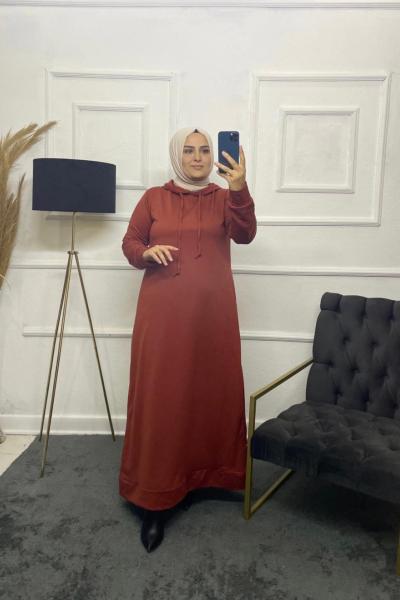 İki İplik Tesettür Eşofman Kumaş Elbise  Kiremit