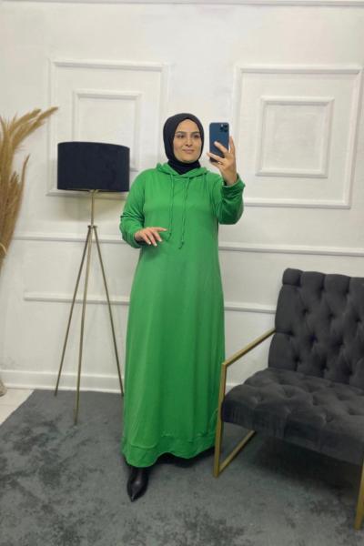 İki İplik Tesettür Eşofman Kumaş Elbise  Yeşil