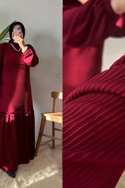 Kadifemsi Fitilli Elbise Bordo