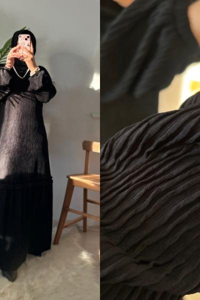 Kadifemsi Fitilli Elbise Siyah