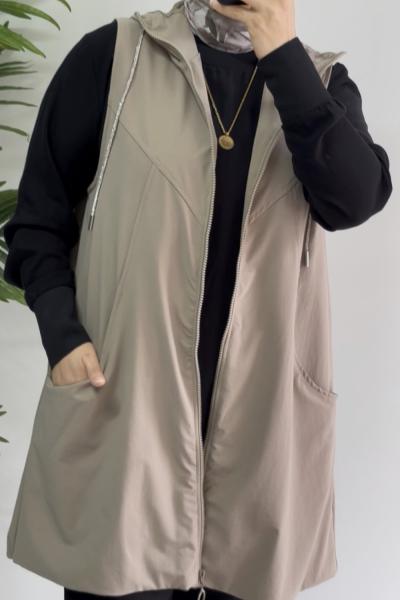 Kangru Cep Tasarım Yelek Krem