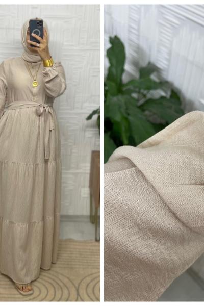 Keten Kumaş Tesettür Elbise  Krem