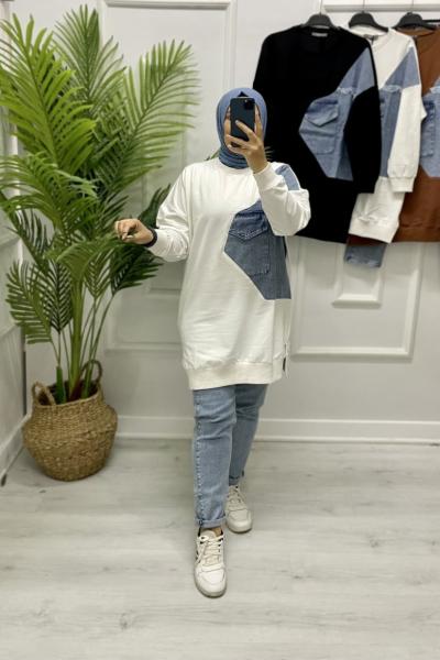 Kot Detaylı Sweat Beyaz