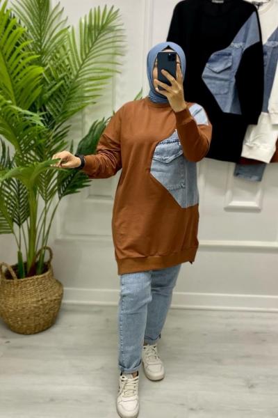 Kot Detaylı Sweat Kahverengi