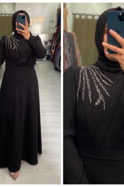 Krep Taşlı Tesettür Abiye Siyah