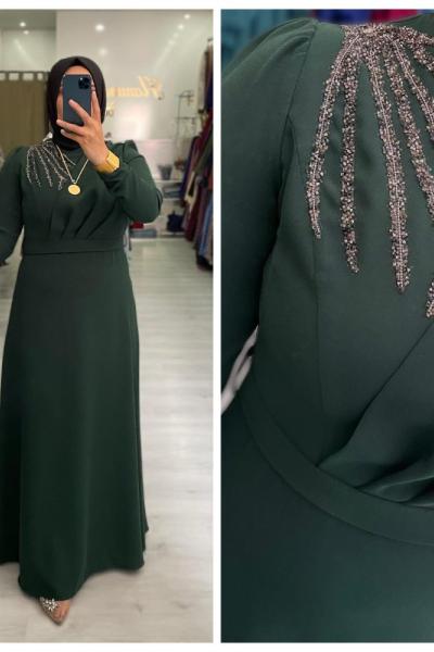 Krep Taşlı Tesettür Abiye Zümrüt