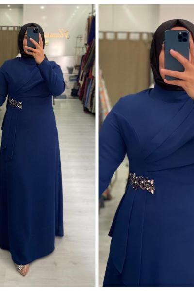 Krep Taşlı Tesettür Abiye Saks Mavisi