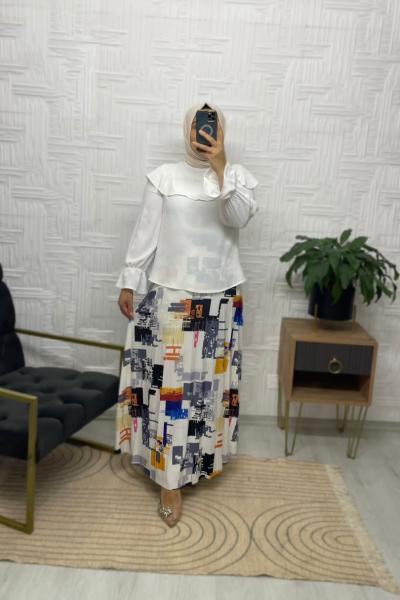 Lalin Tesettür Etekli Takım Beyaz