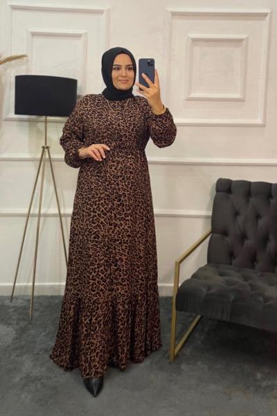 Leopar Desen Viskon Tesettür Elbise  Siyah Kahverengi