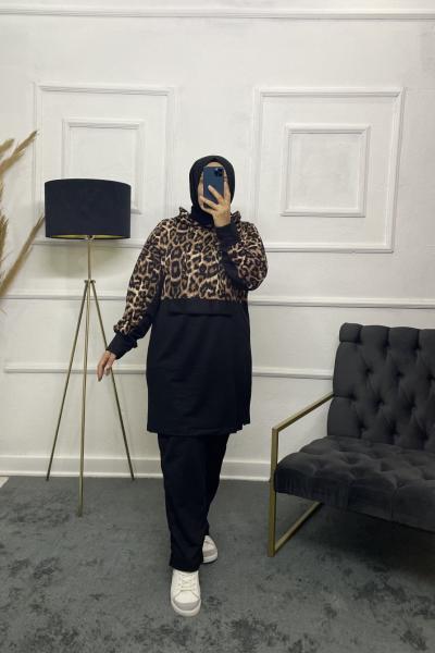 Leopar Desen Rahat Model Takım Siyah Kahverengi