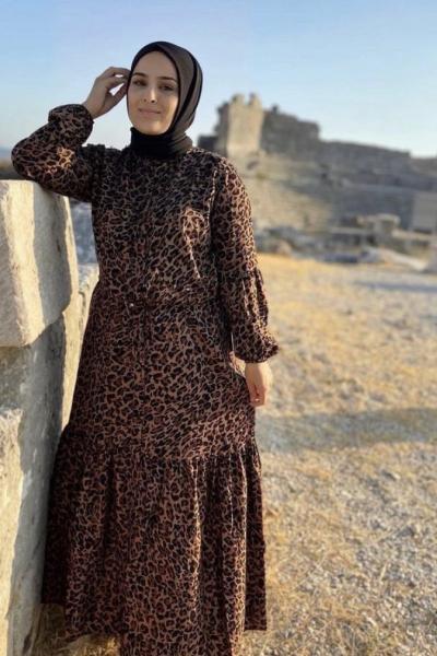Leopar Düğmeli Elbise Kahverengi