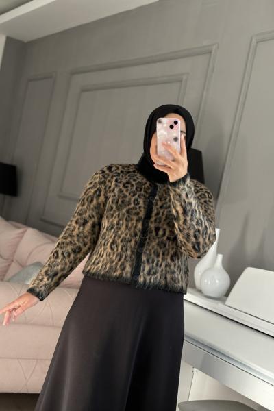 Leopar Hırka Siyah Siyah Kahverengi