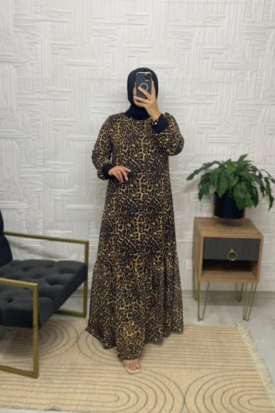 Leopar Şifon Tesettür Elbise  Siyah