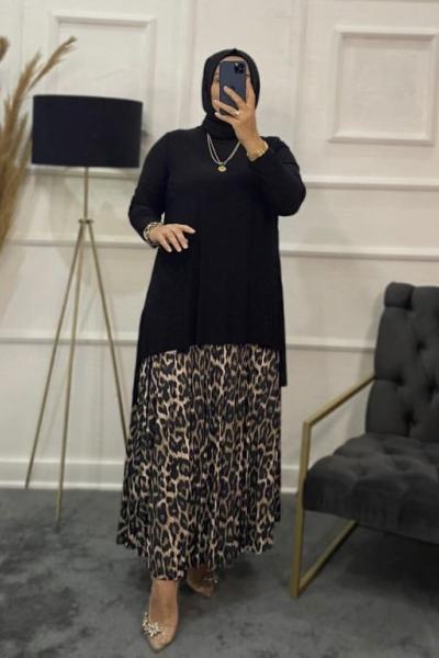 Leopar Tesettür Etekli Takım Siyah Kahverengi