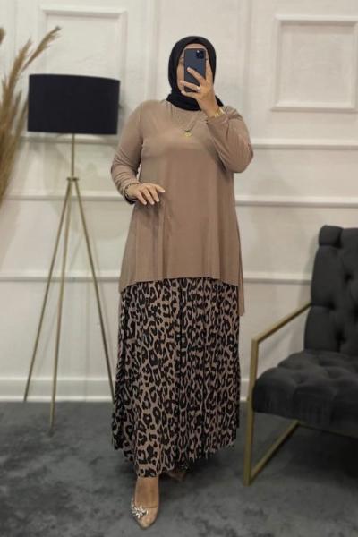 Leopar Tesettür Etekli Takım Kahverengi
