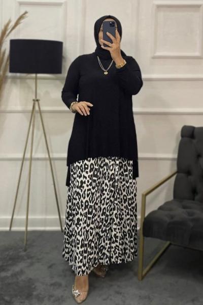 Leopar Tesettür Etek Takım Siyah Beyaz
