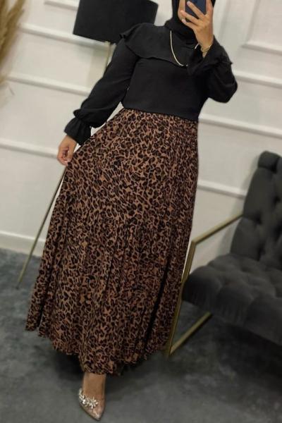Leopar Tesettür Etek Kahverengi
