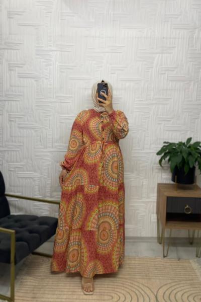 Mandala Desen Tesettür Elbise  Turuncu