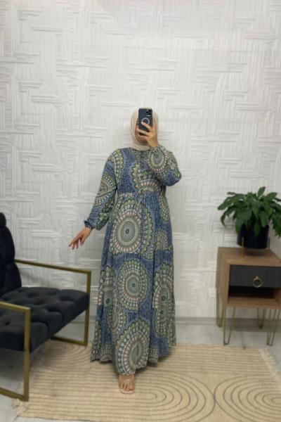 Mandala Desen Tesettür Elbise  Mavi