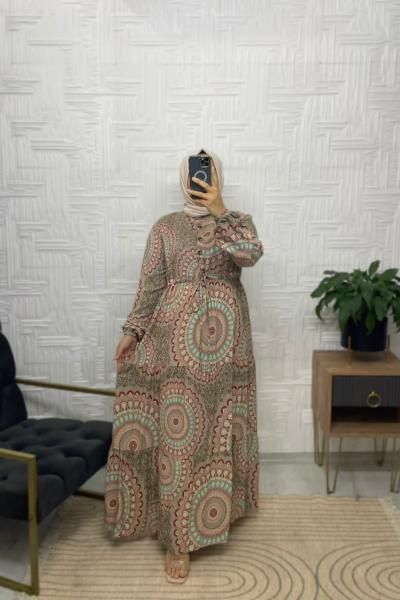 Mandala Desen Tesettür Elbise  Krem