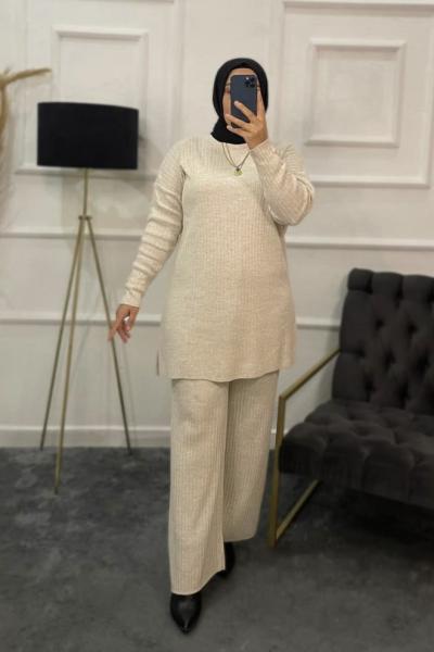 Meltem Triko Tesettür Takım Krem