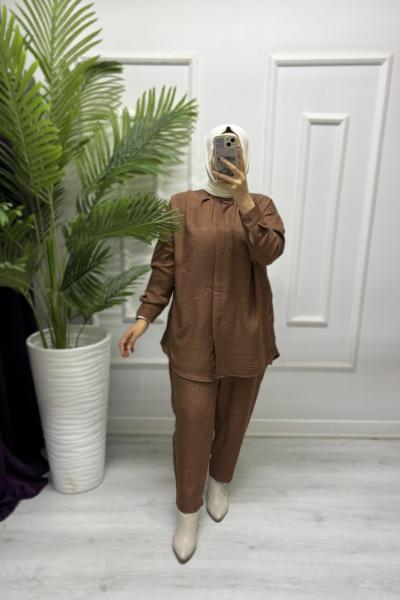 Menajlı Keten Takım Kahverengi