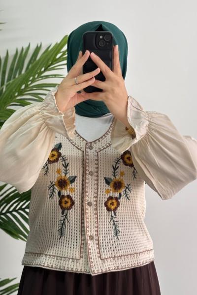 Nakış İşlemeli Yazlık Hırka Krem