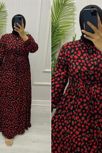 Hanımeli Viskon Elbise Kırmızı Siyah