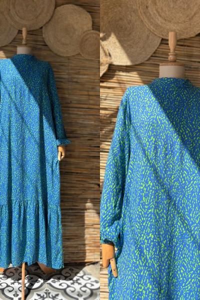 Pamuklu Viskon Elbise Gök Mavi