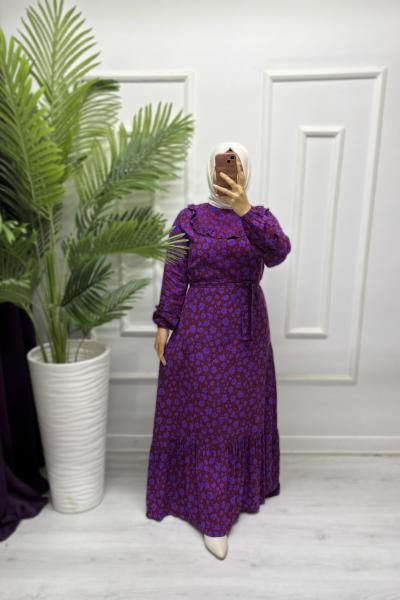Papatya Desen Viskon Elbise Koyu Mor
