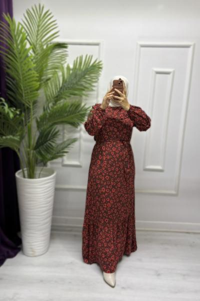 Papatya Desen Viskon Elbise Kiremit