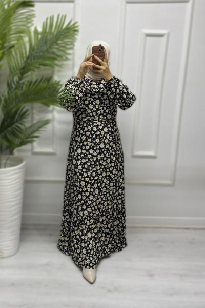 Papatya Desen Viskon Elbise Siyah