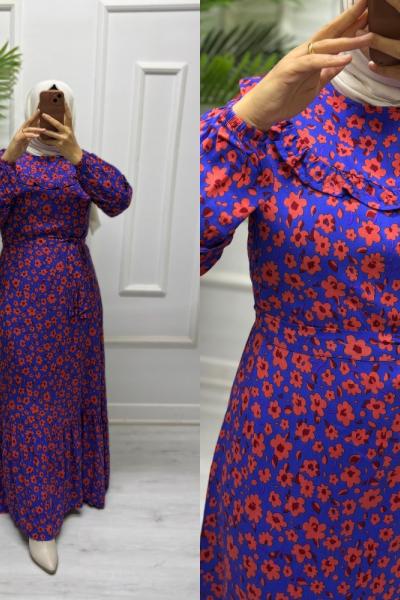 Papatya Desen Viskon Elbise Lacivert Marin