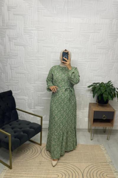 Papatya Desen Tesettür Elbise  Yeşil