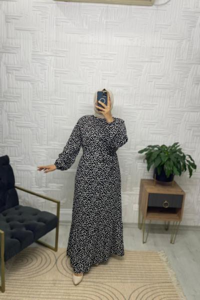 Papatya Desen Tesettür Elbise  Siyah