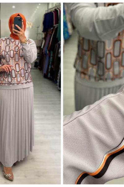 Pırıltı Tesettür Etekli Takım Gri