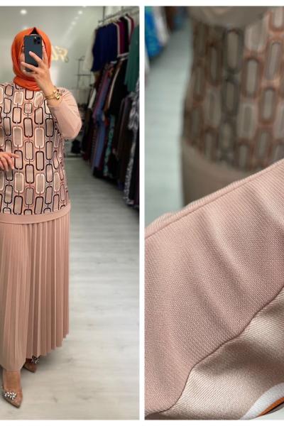 Pırıltı Tesettür Etekli Takım Krem