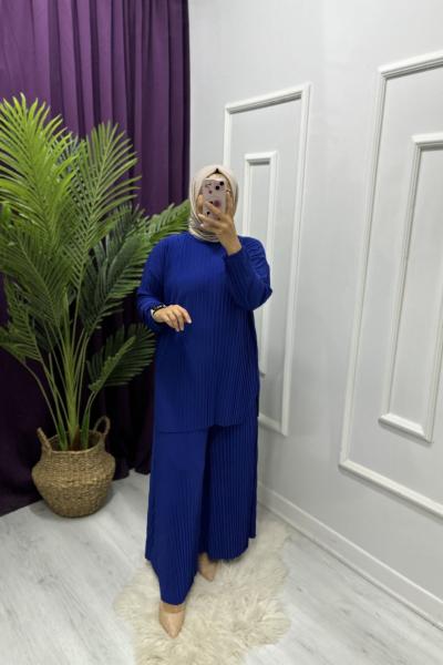 Pliseli Takım Saks Mavisi