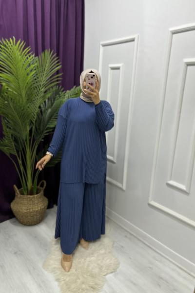 Pliseli Takım İndigo Mavi