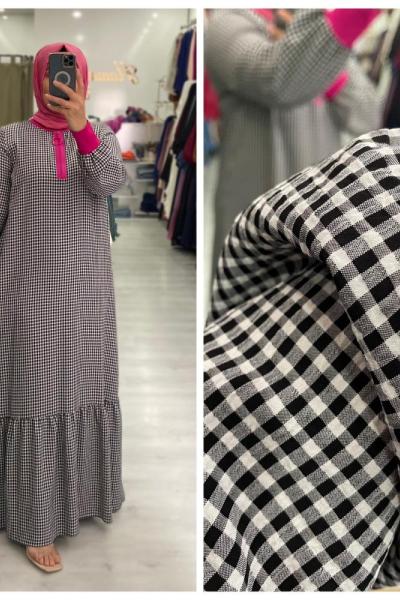 Pötikare Desen Tesettür Elbise  Siyah Fuşya