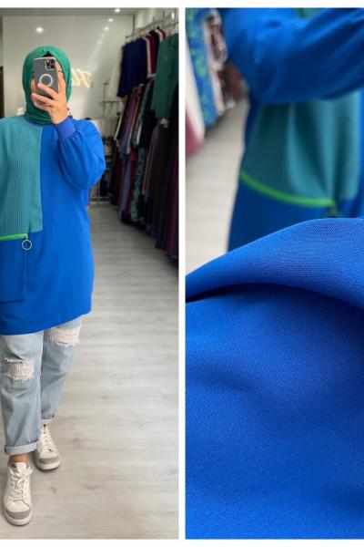 Puane Cepli Tesettür Gömlek Saks Mavisi