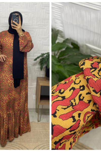Renkli Leopar Tesettür Elbise  Ekru Turuncu